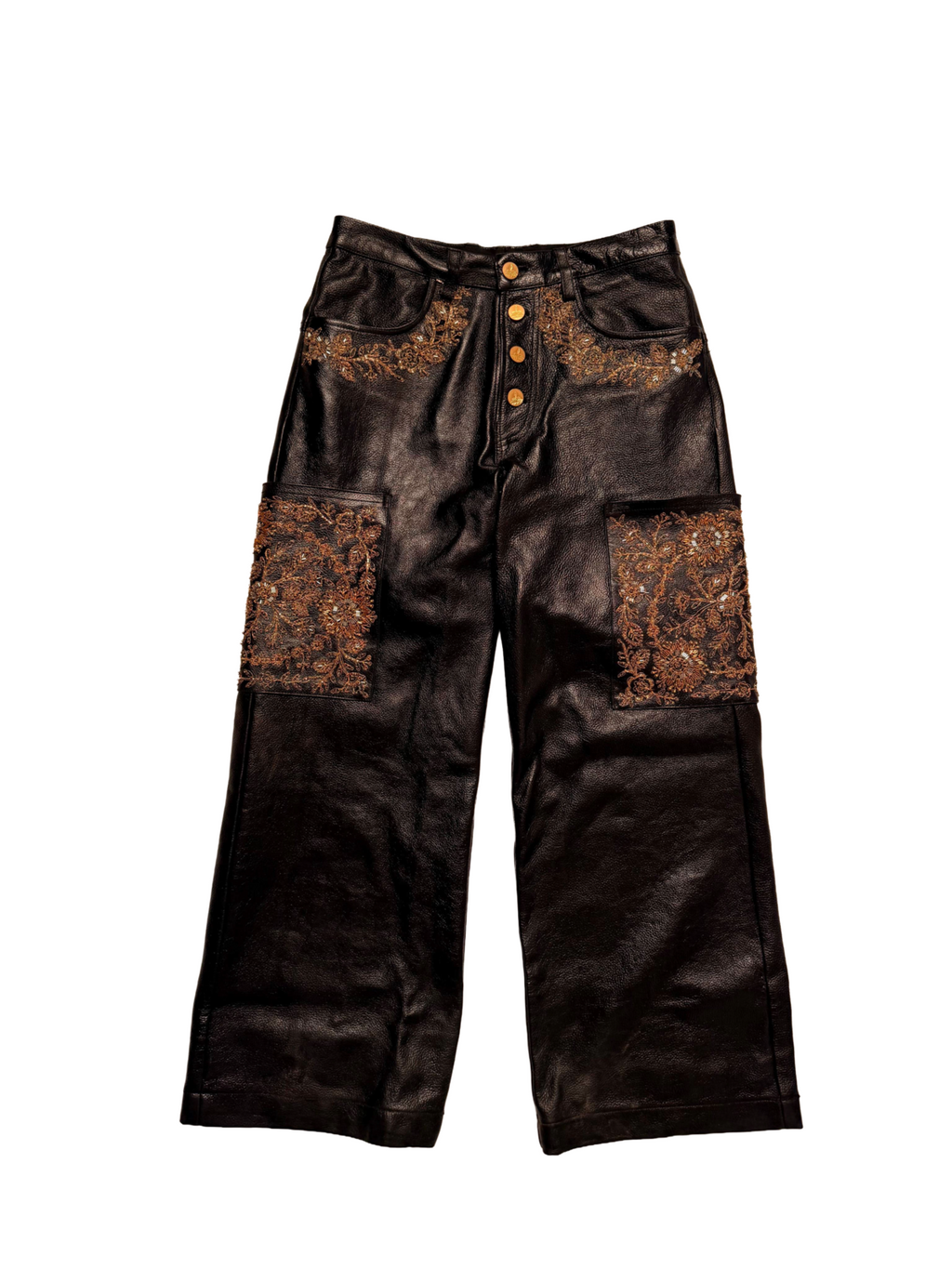 Gold embroidered leather pants
