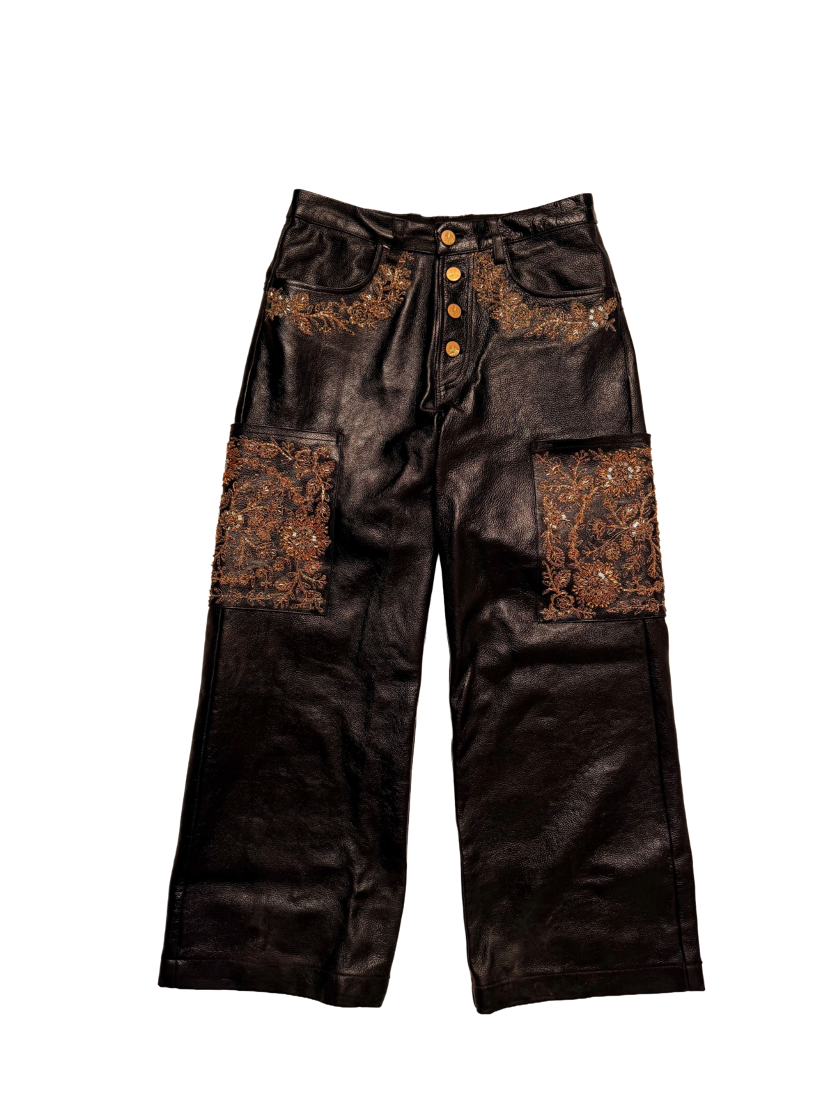 Gold embroidered leather pants