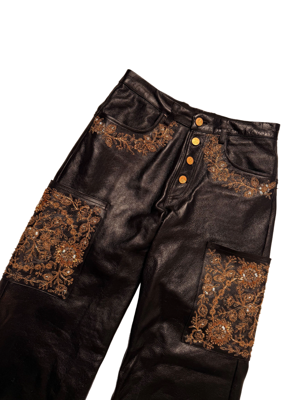 Gold embroidered leather pants