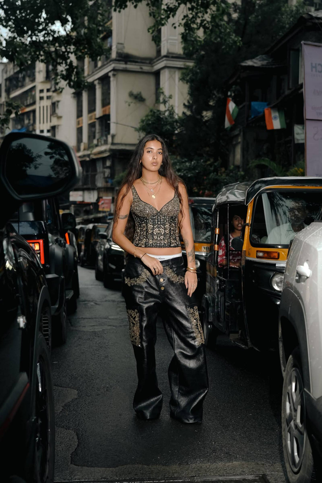 Gold embroidered leather pants