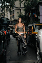 Gold embroidered leather pants