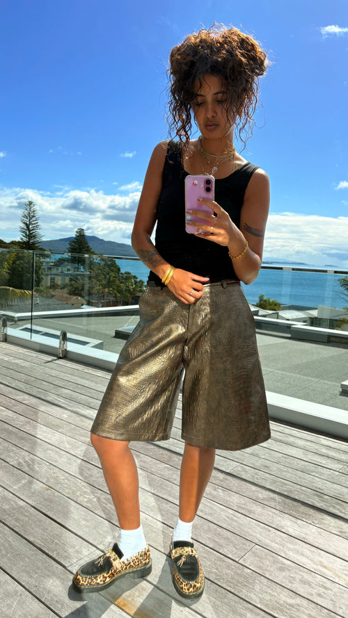 Bronze Crocodile Leather Shorts (Faux)