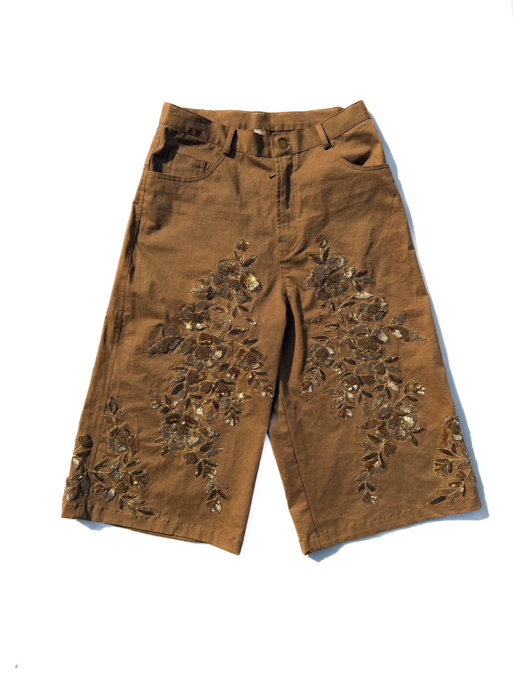 brown denim zardozi shorts