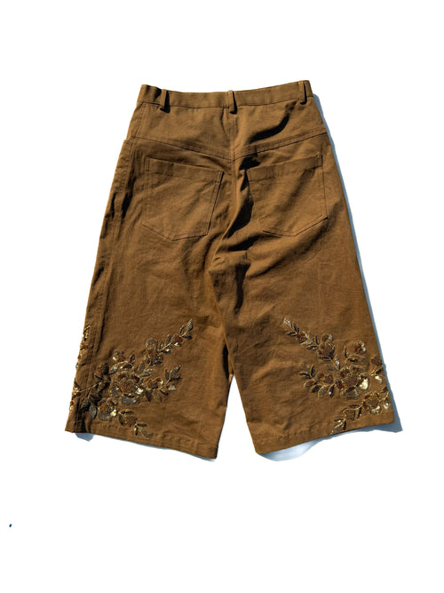 brown denim zardozi shorts